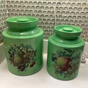 Vintage Ceramic MCM Bright Green Kitchen Canister w/ Fruit Set of Two
